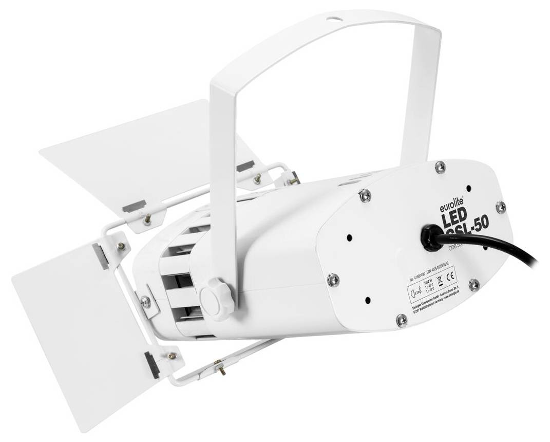 Bílé světlo Eurolite LED s nastavitelnými panely a rukojetí, určené pro použití na pódiu nebo v studiu, označené "LED ACL-50".