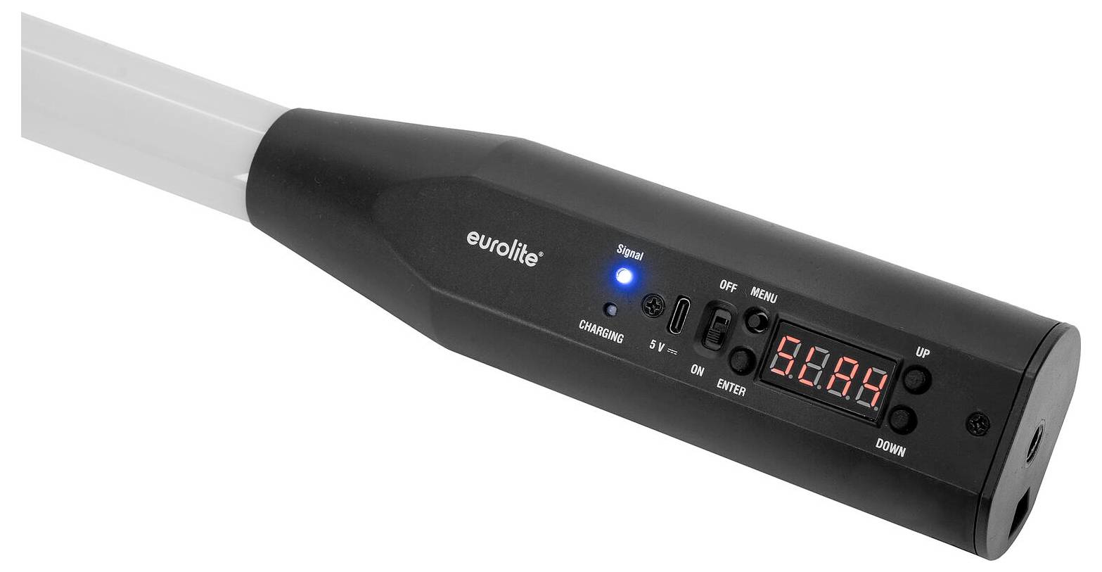 Přenosná LED světelná hůlka s tlačítky ovládání a digitálním displejem zobrazujícím '50,4'. Je viditelný název značky 'eurolite'.