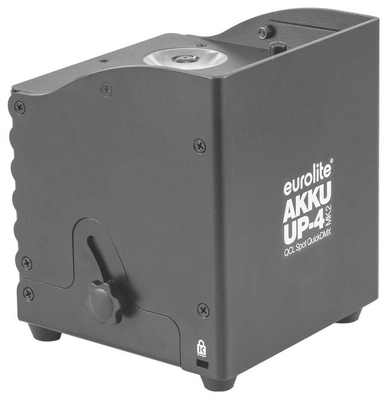 Černé kompaktní scénické světlo Eurolite AKKU UP-4 MK2 s ovládacími otočnými prvky a popiskem "QCL Spot QuickDMX" na straně.