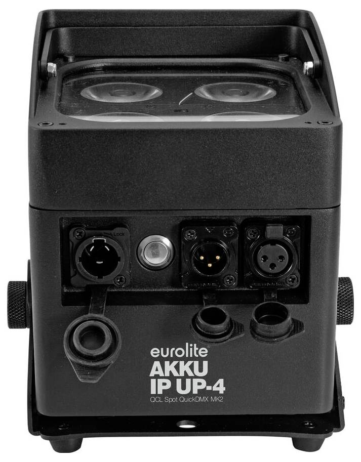 Černý nástroj Eurolite AKKU IP UP-4 s bateriovým napájením - LED reflektor s kontrolními porty a konektory na čelním panelu.