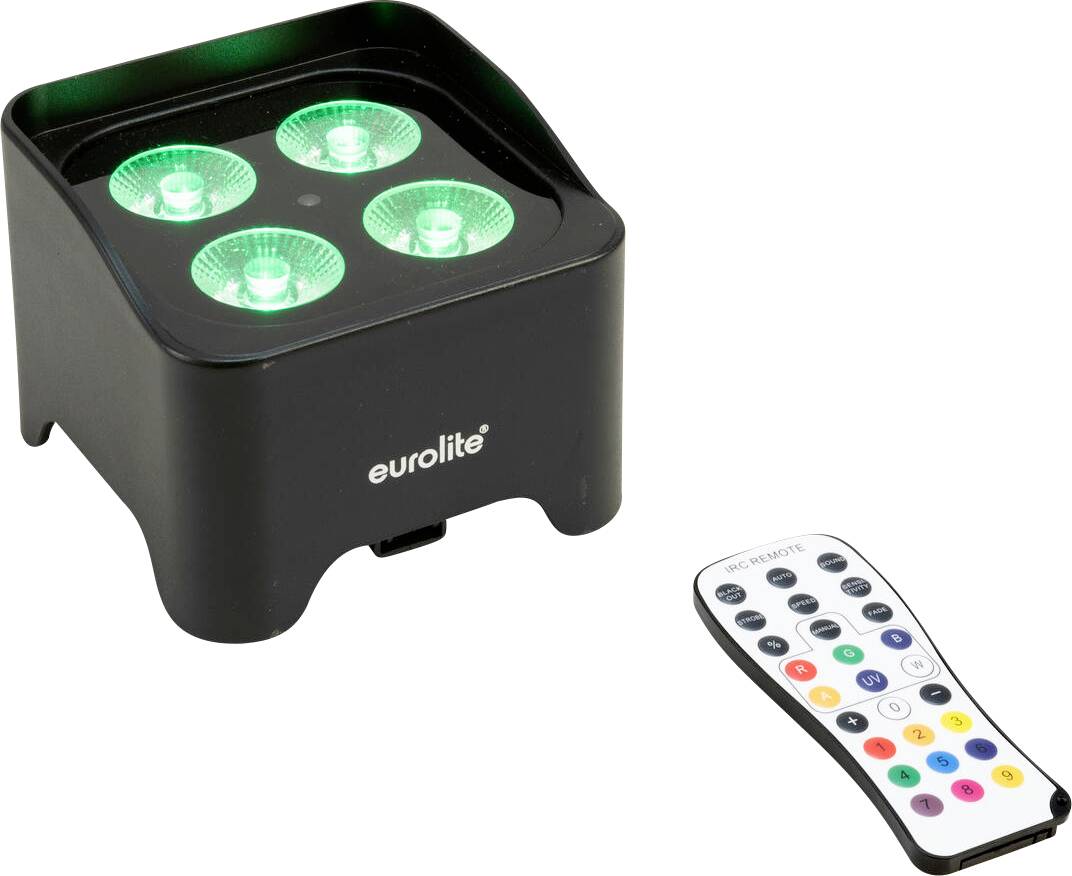 'Eurolite' LED svítidlo se čtyřmi zelenými světly a dálkovým ovladačem s různými tlačítky pro barvy a režimy.