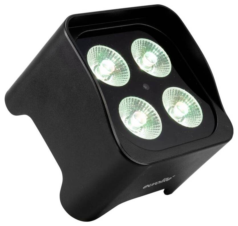 Čtyři LED žárovky se zeleným světlem umístěné v černém skříňovém pouzdře se skloněným designem, určené pro směrové osvětlení.