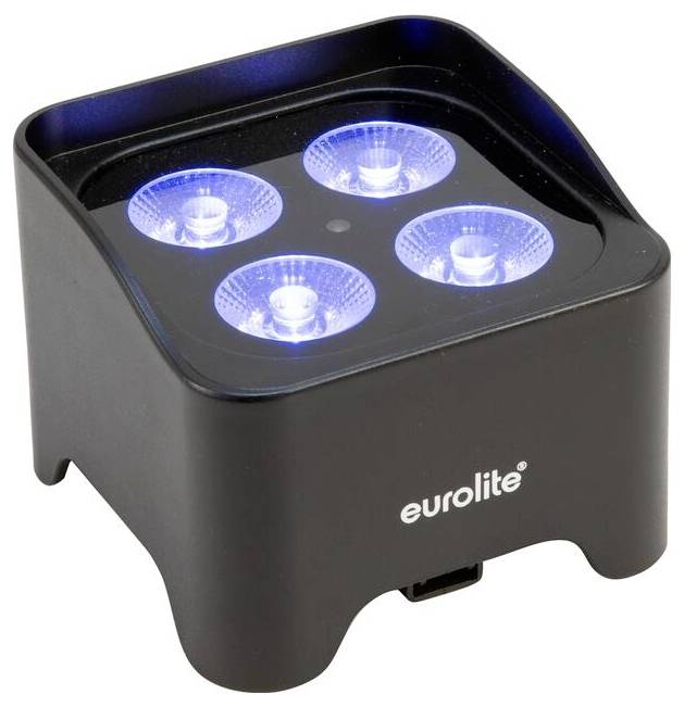 Černá, čtvercová LED svítidla se čtyřmi modrě osvětlenými žárovkami, značky "eurolite", vhodná pro scénické nebo event osvětlení.