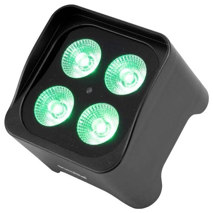 Černá LED svítidla se čtyřmi zářícími zelenými světly, mírně nakloněná doprava.