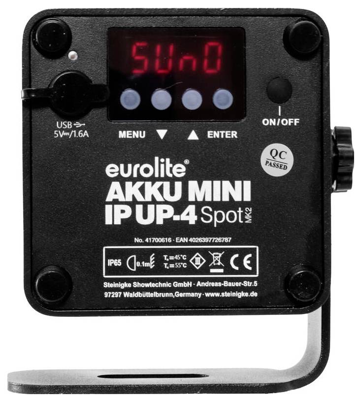 Zařízení 'Eurolite AKKU Mini IPUP-4 Spot MK2' s LED displejem zobrazujícím 'SU nD', vybavené USB portem, tlačítky a nastavitelným držákem.
