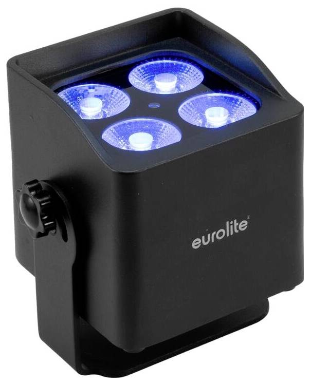 Černý čtyřLED reflektor s modrou barvou osvětlení a logem „eurolite" na přední straně, umístěný na nastavitelné konzole.