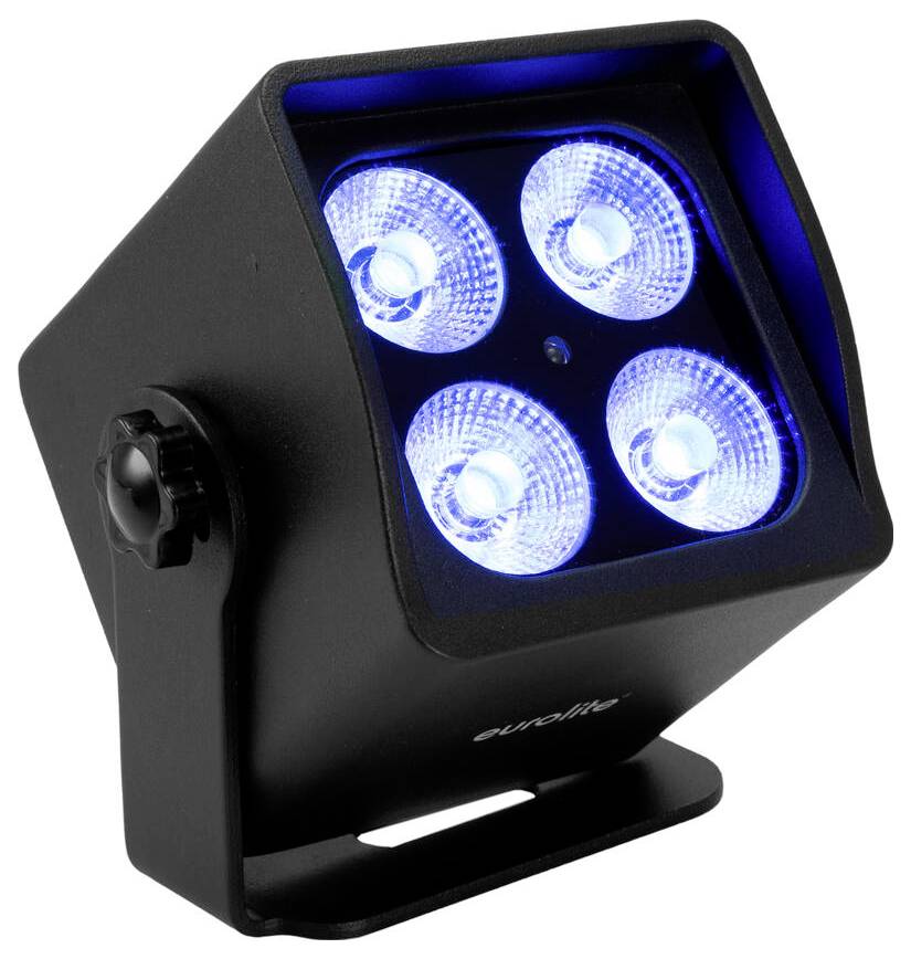 Černý reflektor se čtyřmi modrými LED světly, skloněnými nahoru.
