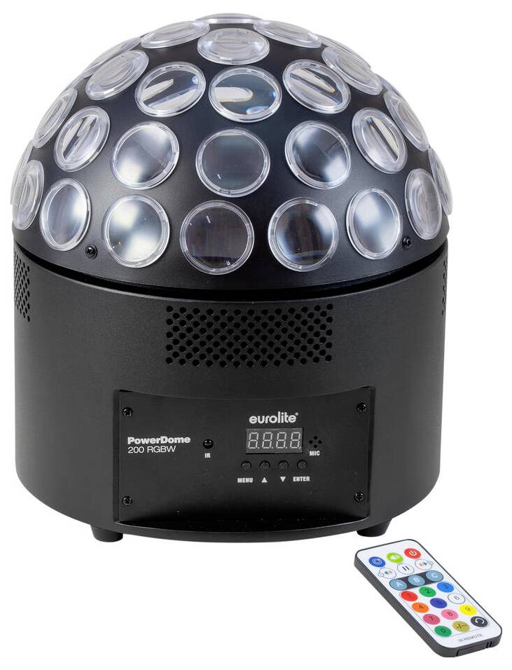 Černé, kulovité LED diskotékové světlo s více čočkami, označené "Eurolite PowerDome 200 RGBW", vedle barevného dálkového ovladače.