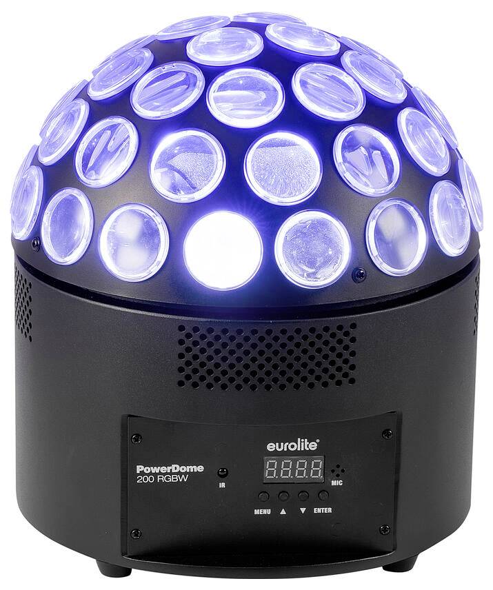 "Eurolite PowerDome 200 RGBW" LED světlo s více kulatými čočkami na černé podstavě, zobrazující jasnou modrou barvu.