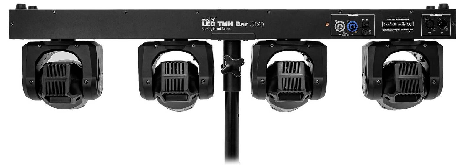 Showtec LED TMH Bar S120' s čtyřmi pohyblivými reflektory připevněnými na vodorovné liště pro osvětlení pódia.