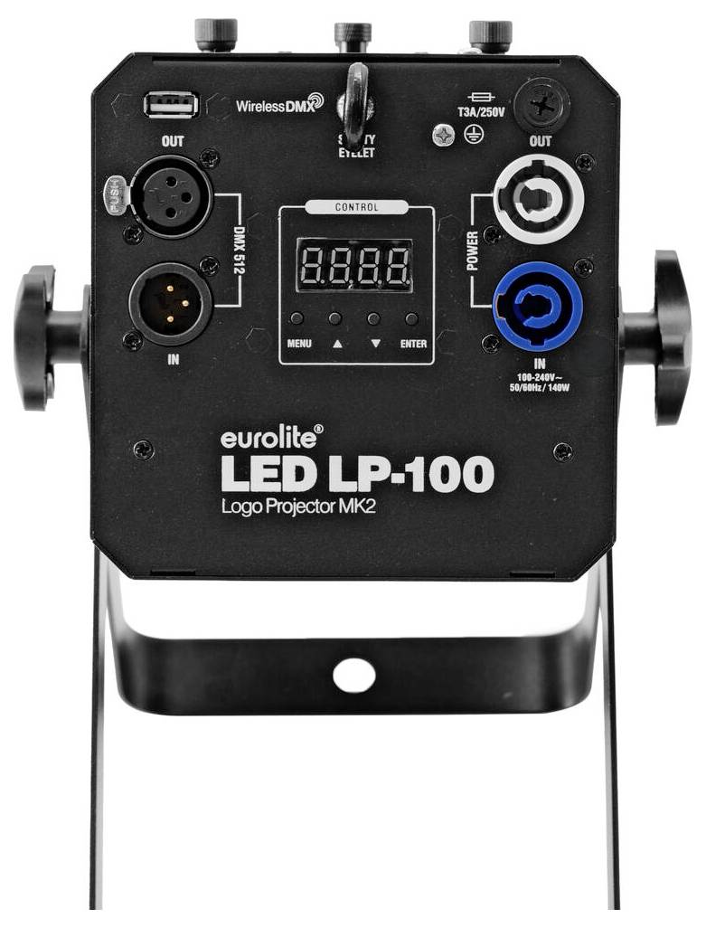 Ovládací panel "Eurolite LED LP-100 Logo Projector MK2" se vstupními/výstupními porty, digitálním displejem a indikátorem napájení.