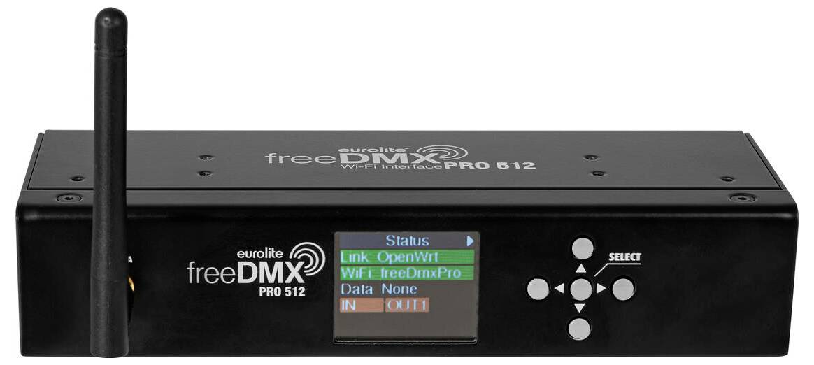Černé zařízení Eurolite freeDMX pro 512 s anténou a předním displejem zobrazujícím možnosti stavu, spojení a dat.