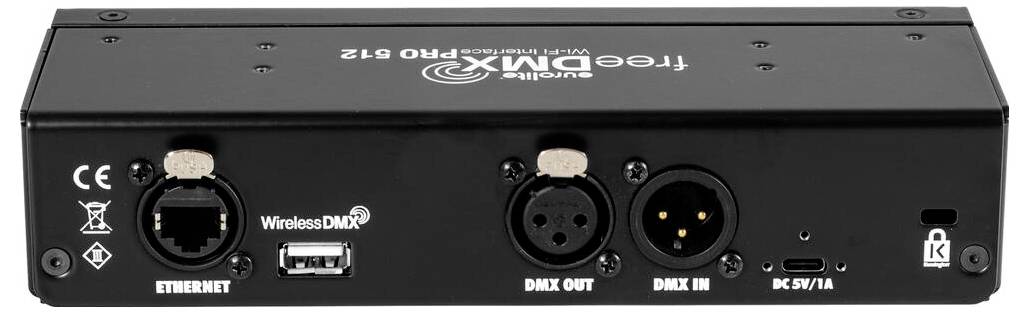 Zařízení 'Tree-DMX Pro G12' zobrazující porty: Ethernet, Bezdrátový DMX, DMX Out, DMX In a PC 5V/1A vstup. Design černého obdélníkového tvaru.