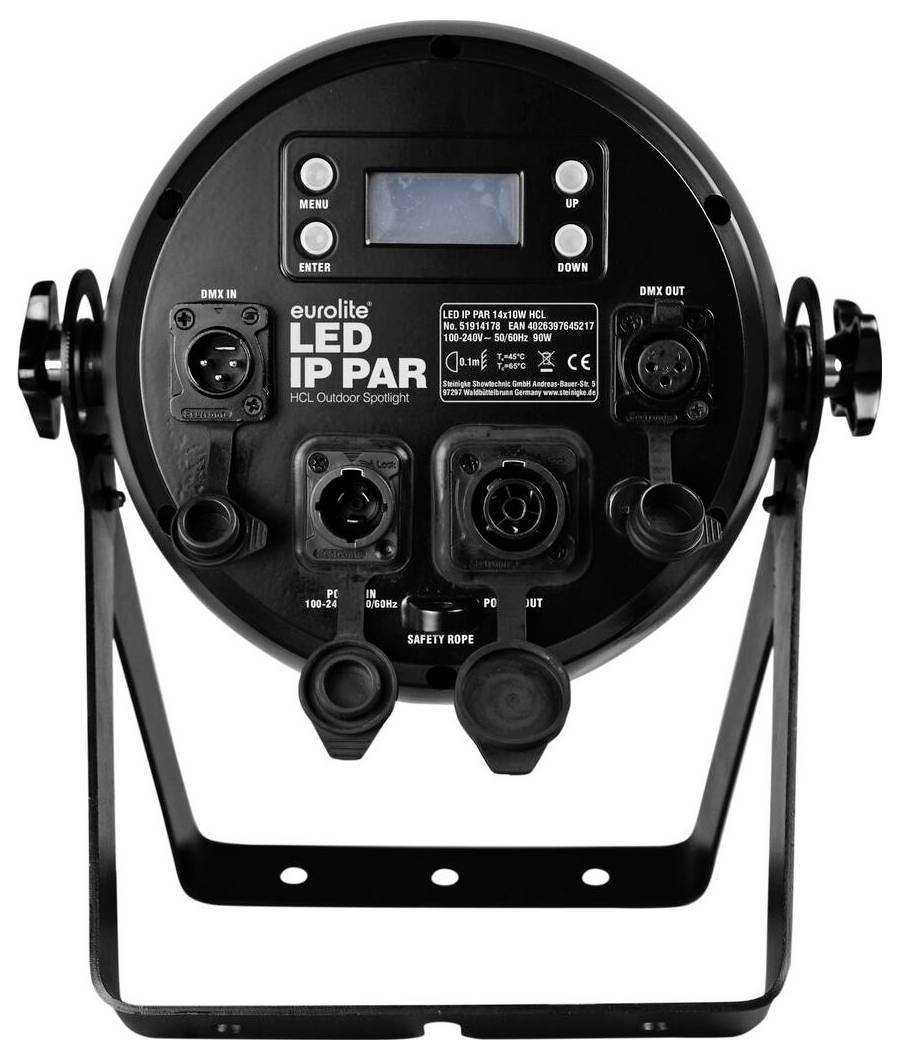 Zadní pohled na reflektor Eurolite LED IP PAR se ovládacími tlačítky, digitálním displejem a různými vstupně-výstupními konektory pro venkovní osvětlení.