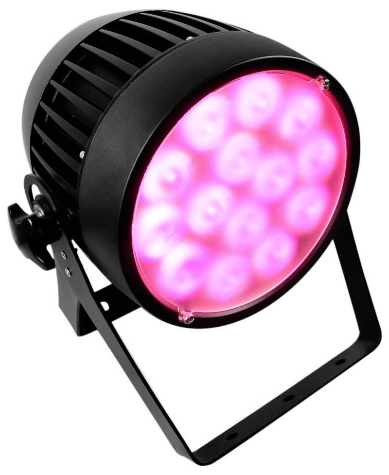 Černý scénický reflektor se kruhové řadou růžových LED světel nakloněnou mírně dolů, namontovaný na nastavitelném stojanu pro polohu.