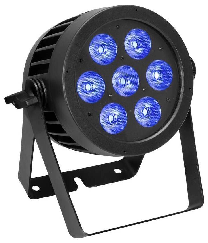 Kulaté reflektory se sedmi modrými LED žárovkami, namontované na černém nastavitelném stojanu, vhodné pro osvětlení akcí.