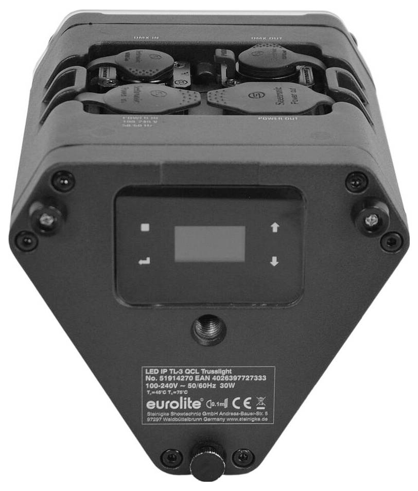 Černá LED reflektorová svítidla s kontrolním panelem a konektory. Štítek s informacemi o modelu nese označení "Eurolite" s detaily o produktu.