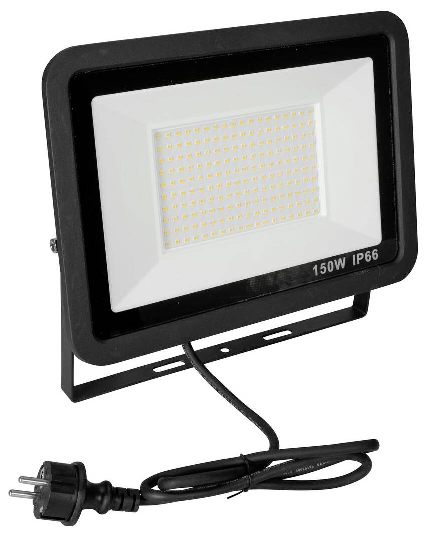 Černobílý LED reflektor s označeným výkonem 150W a certifikací IP66, vybavený obdélníkovým designem a napájecím kabelem s zástrčkou.