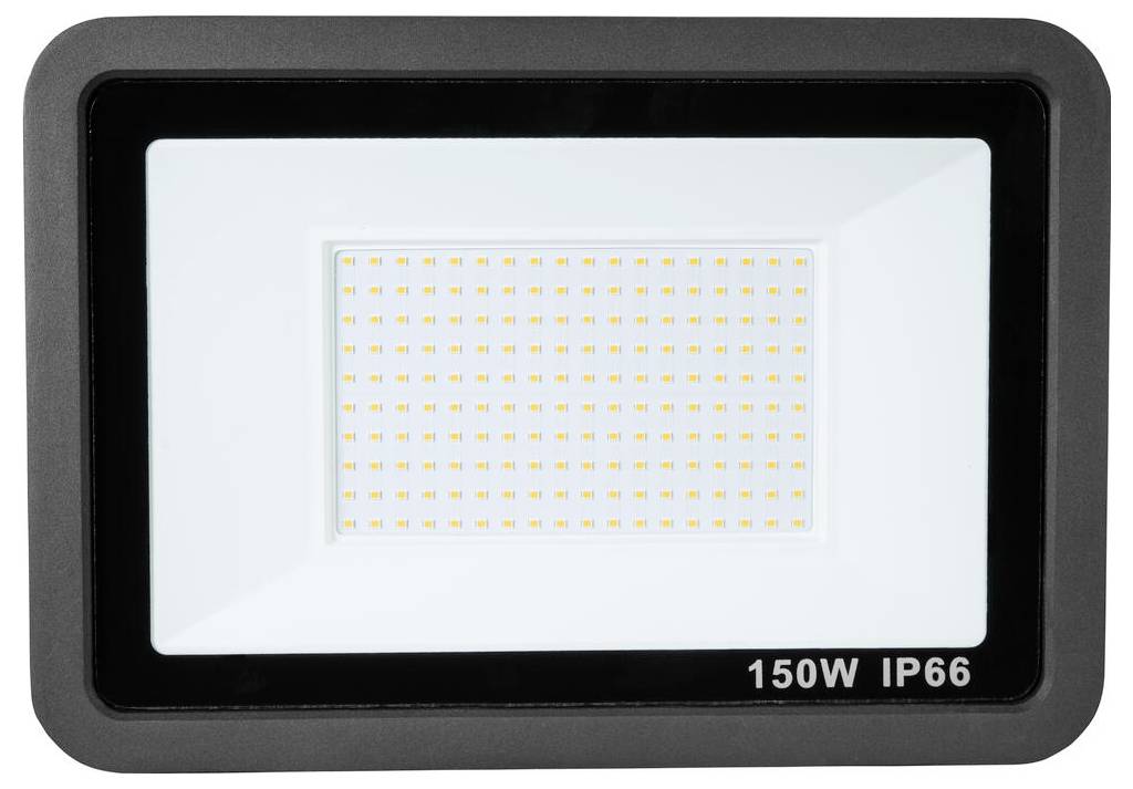 Obdélníkový LED reflektor, 150W, krytí IP66, obsahuje více malých LED diod v mřížkovém vzoru, vhodný pro venkovní osvětlení.