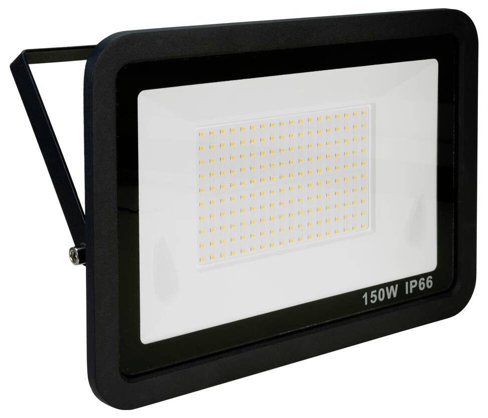 Obdélníkový černý LED reflektor označený "150W IP66" s mřížkou malých žlutých světel v centru, určený pro venkovní použití.