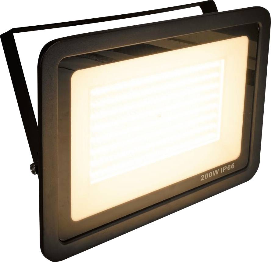 Obdélníkový LED reflektor s černým rámem, měkce zářící. Světlo je označeno '200W IP66', což naznačuje jeho výkon a odolnost vůči vodě.