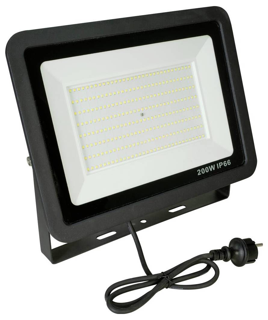 Černý 200W LED reflektor s hodnocením IP66, vybavený sítí LED diod a napájecím kabelem se zásuvkou, vhodný pro venkovní použití.