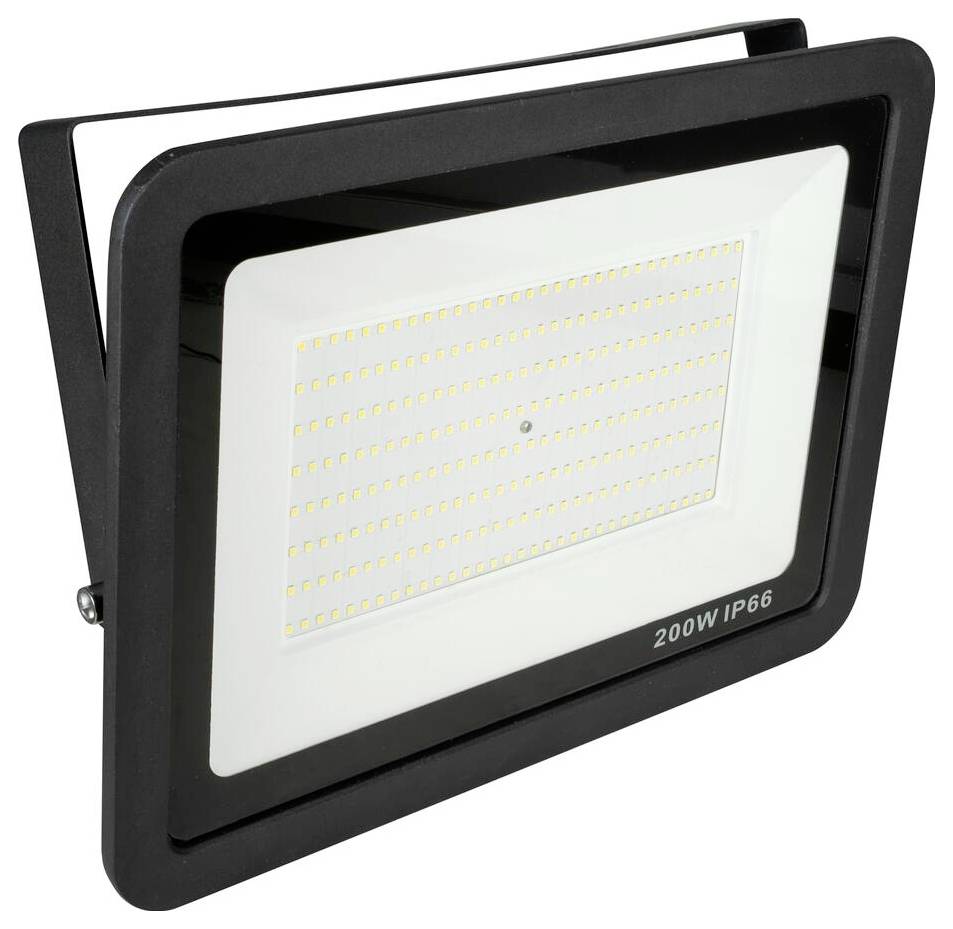 Černý LED reflektor 200W IP66 s více LED žárovkami, určený pro venkovní použití.
