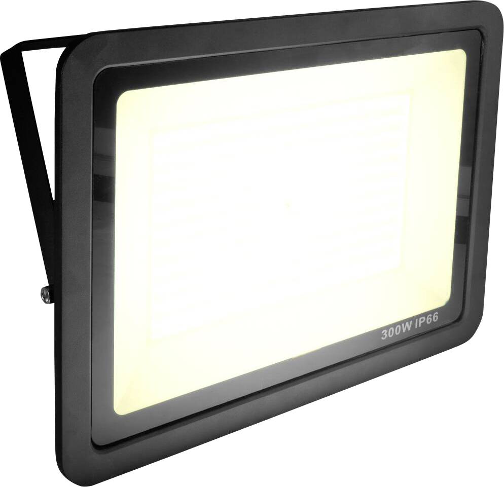 Černý obdélníkový LED reflektor označený "300W IP66", určený pro venkovní použití, vyzařuje jasné světlo.
