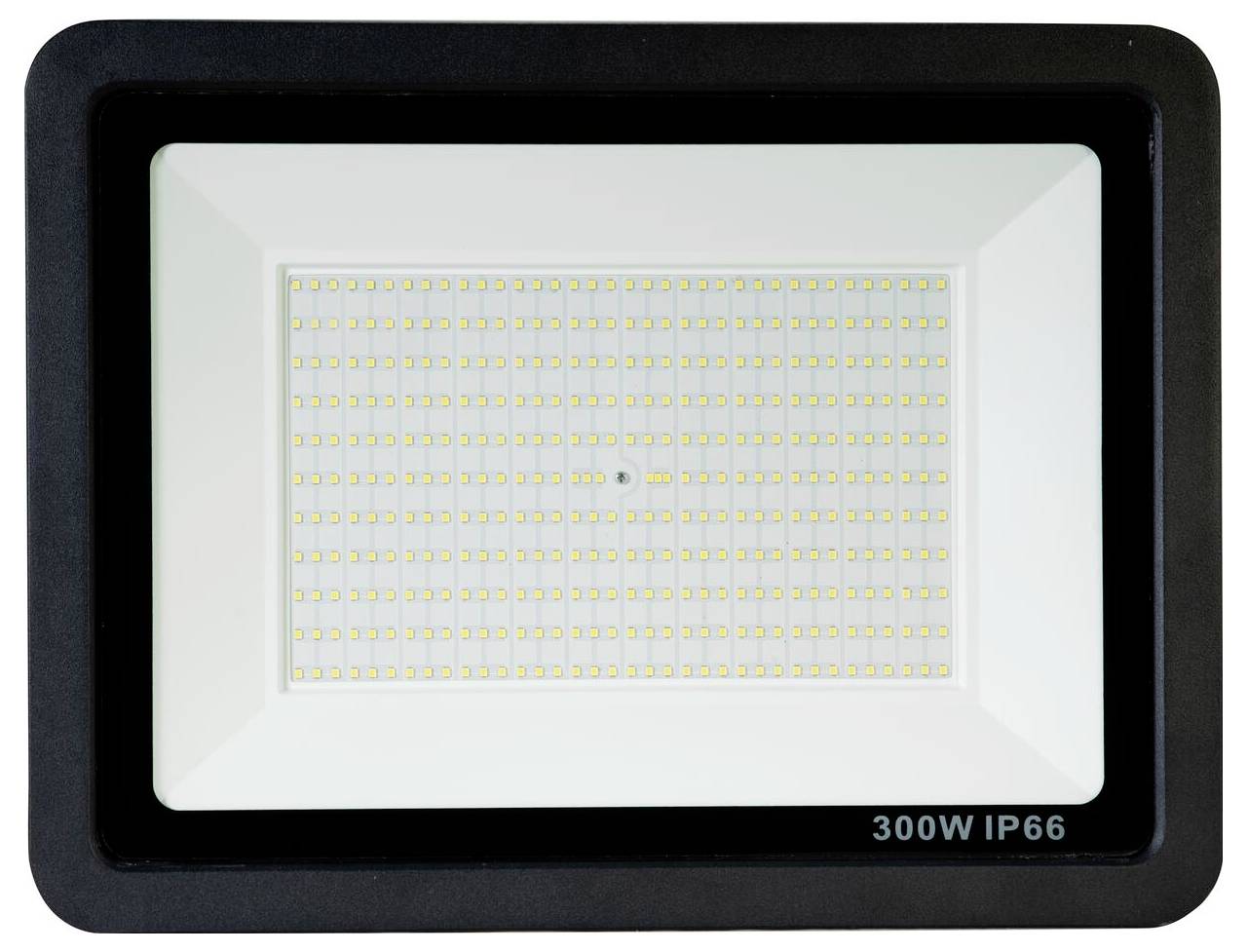 Černý obdélníkový 300W LED reflektor IP66 s mřížkou LED světel uprostřed, vhodný pro venkovní použití, nabízející vysokou jasnost.