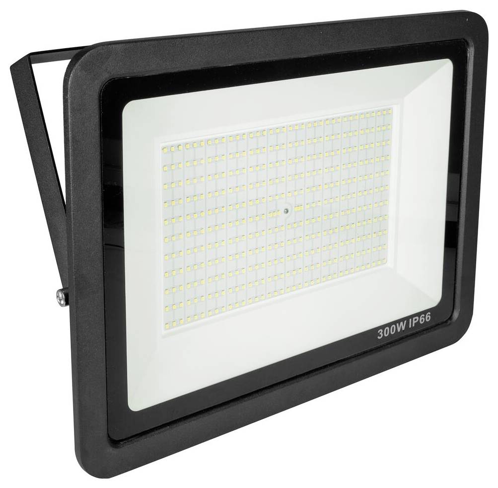 Reflektor LED 300W IP66 s obdélníkovým rámem, vybavený mnoha malými LED žárovkami uspořádanými do mřížky. Vhodný pro venkovní použití.