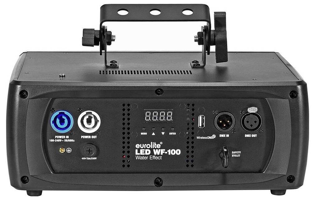 Eurolite LED WF-100 zařízení s LED efekty a ovládacím panelem, včetně vstupů a výstupů napájení, rozhraní DMX a bezpečnostního přepínače.