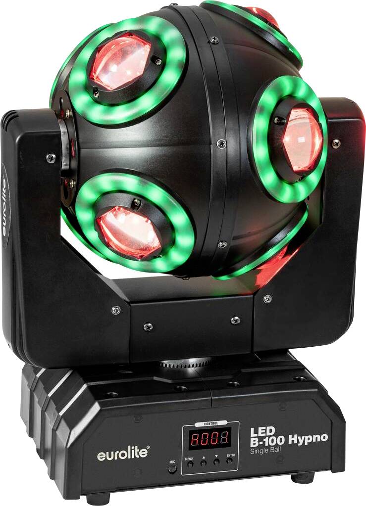 Zařízení pro scénické osvětlení: Eurolite LED B-100 Hypno Swivel Ball s červeným a zeleným osvětlením, používaný pro vizuální efekty na akcích a představeních.