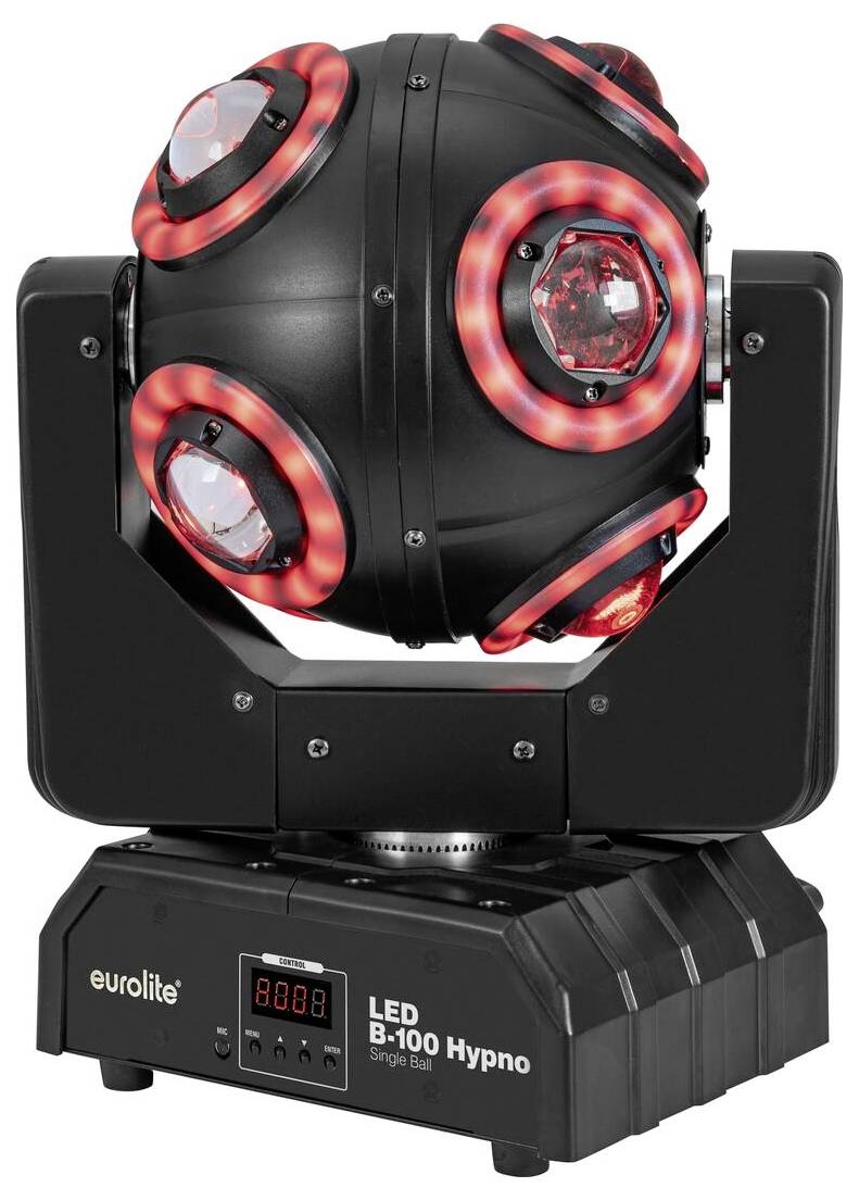 Černé zařízení Eurolite LED B-100 Hypno s červeně osvětlenými sekcemi, zobrazené na podstavci s digitálními ovládacími prvky.