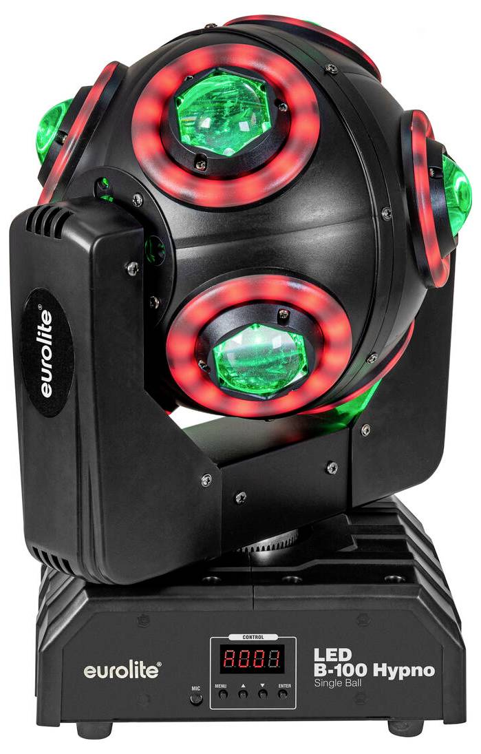 Eurolite LED B-100 Hypno - pohyblivá hlava s rotujícími zelenými čočkami a červenými kroužky, používaná pro dynamické osvětlovací efekty.
