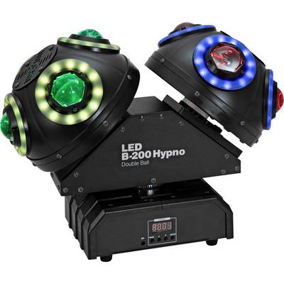 Dvojitá LED lampa s rotujícími kuličkami, označená "LED B-200 Hypno Double Ball", vyzařuje barevné paprsky pro osvětlení pódií nebo večírků.