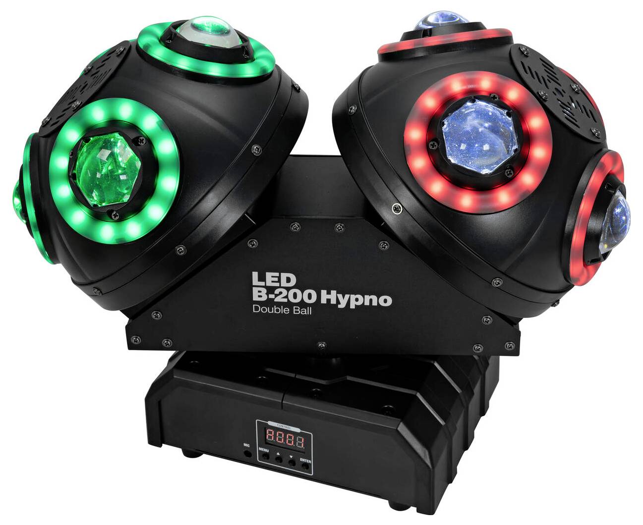 Osvětlovací zařízení "LED B-200 Hypno Double Ball" s vícebarevnými LED světly, s digitálním displejem a rotujícími dvojitými kulovými prvky.