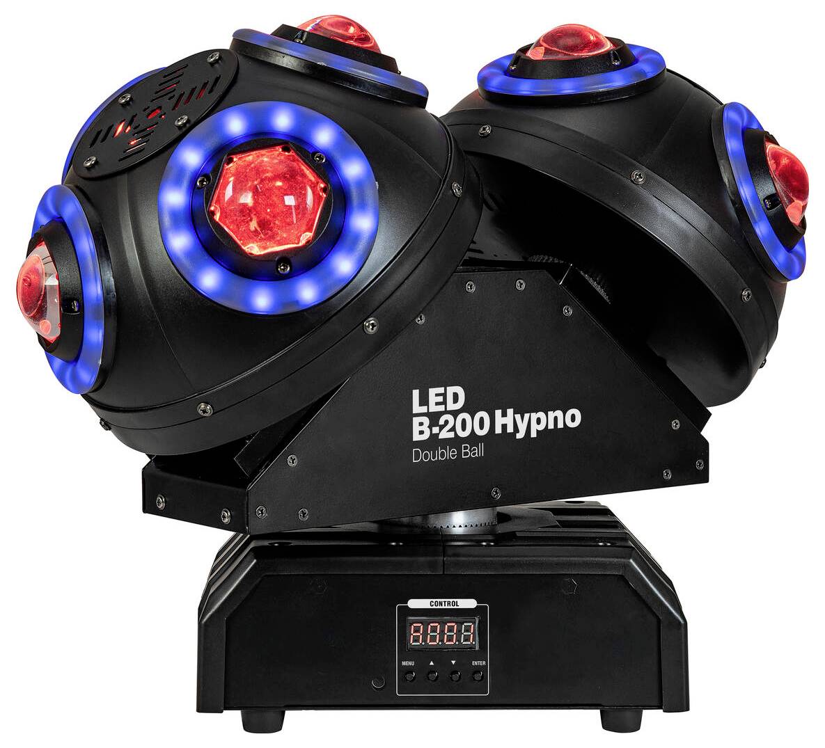 Zařízení "LED B-200 Hypno Double Ball" s více rotujícími koulemi, modrým a červeným osvětlením, umístěné na podstavci s digitálním ovládacím panelem.