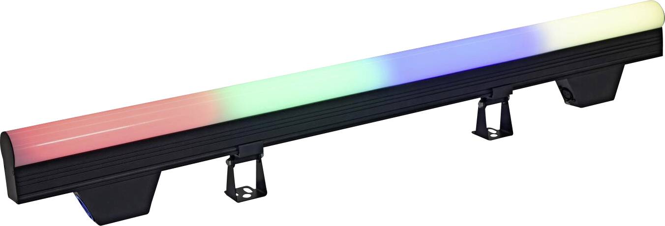 LED světelná lišta s přechodem z červené na modrou, umístěná na černé podstavci, používaná pro dekorativní osvětlení a vytváření atmosféry.