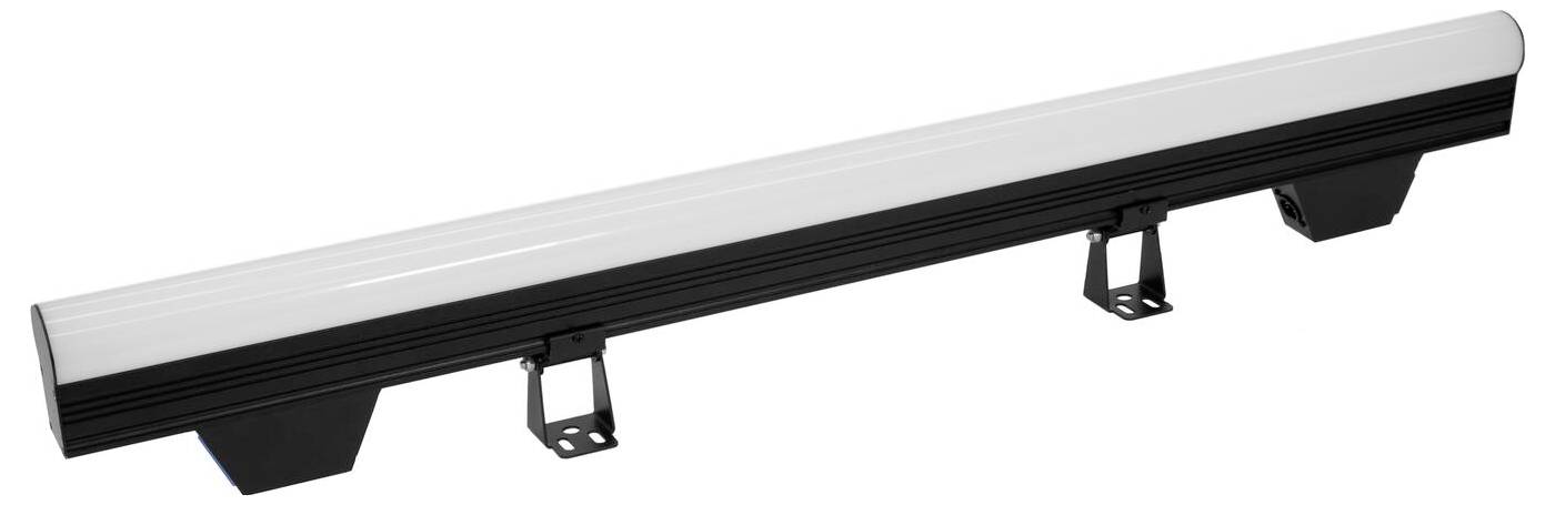 Dlouhá, válcovitá LED svítidla s bílým stínidlem, připevněná na dvou černých závěsech.