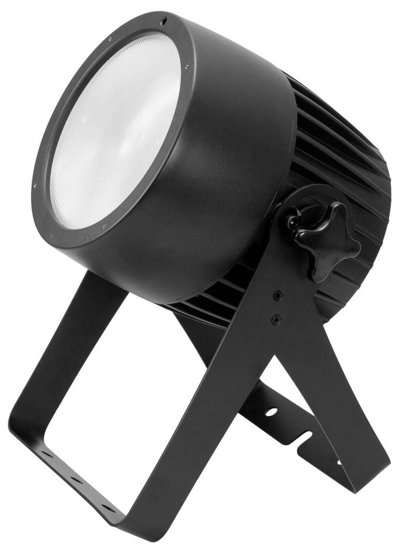 Černý zrcadelný reflektor na robustním kovovém stojanu s nastavitelným otočným knoflíkem a žebrovaným designem pro odvod tepla.