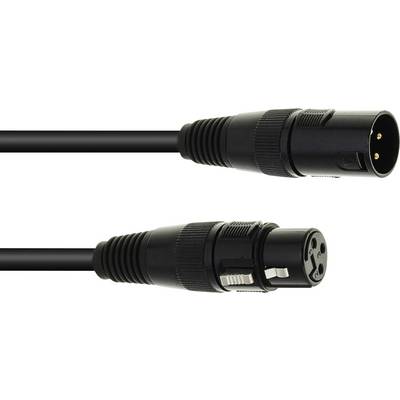 Pár černých audio kabelů XLR, jeden se samčím konektorem a druhý se samičím konektorem, seřazeny vodorovně.