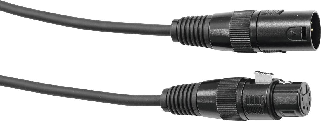 Dva černé XLR audio kabely se samčími a samičími konektory, používané pro profesionální audio zařízení, ležící paralelně na bílém pozadí.