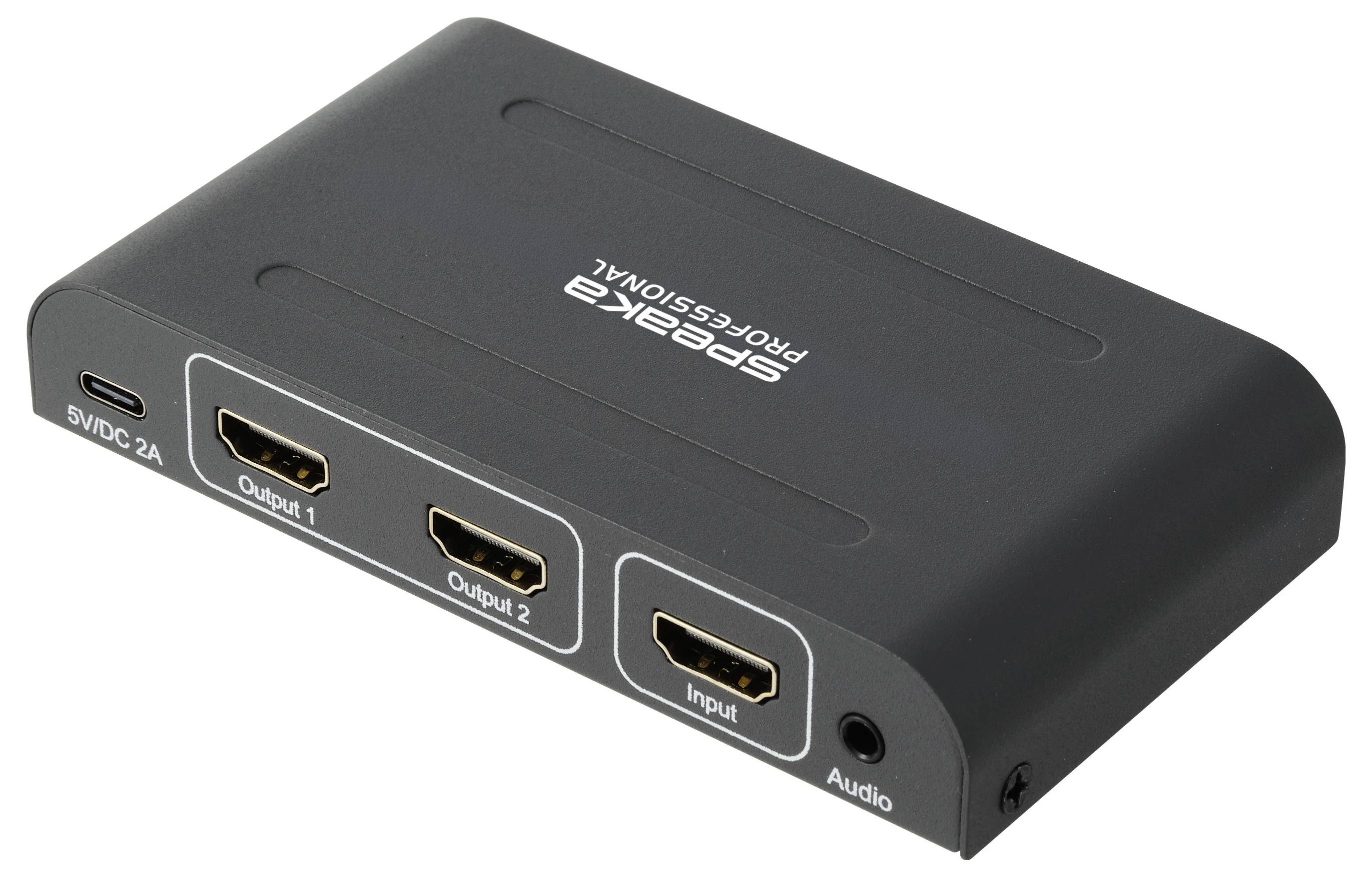 Černá HDMI přepínací jednotka se 2 výstupy a 1 vstupem, plus USB-C napájení a audio port na přední straně.