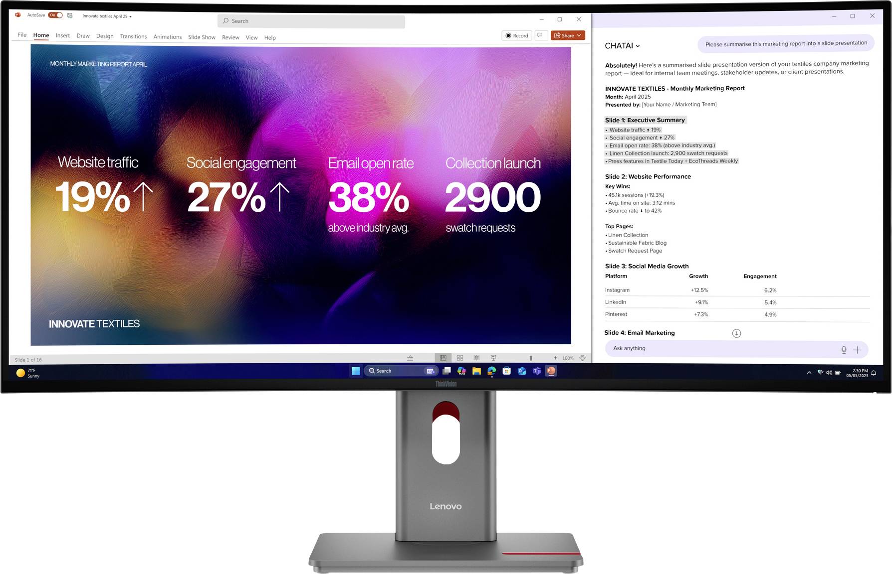 Širokouhlý monitor zobrazuje digitální zprávu. Klíčové metriky: provoz webu 19%, zapojení v sociálních sítích 27%, míra otevření e-mailu 38%, počet přečtení spuštění kolekce 2900.