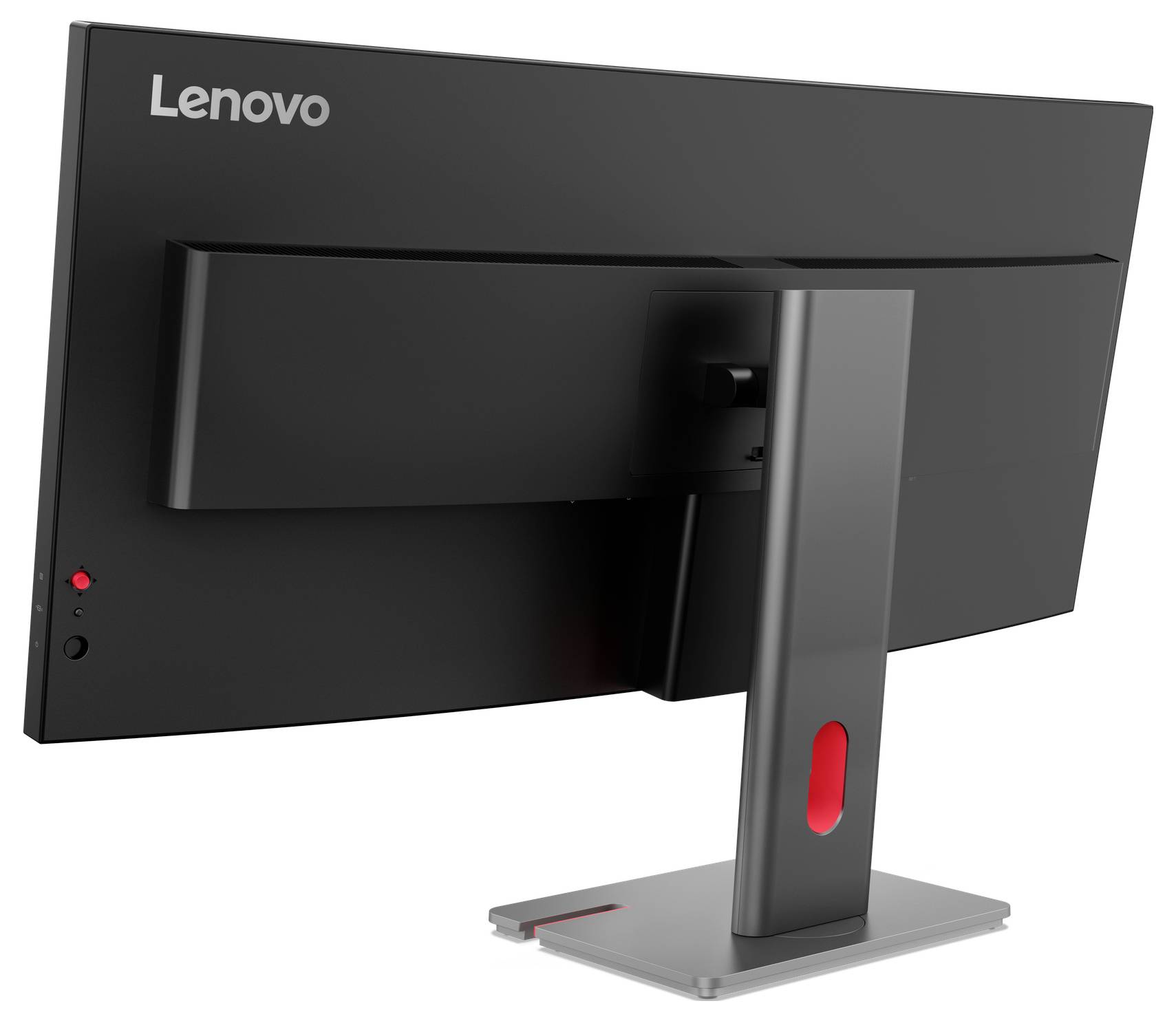 Lenovo monitor zobrazený zezadu, s vlnitým designem, nastavitelným podstavcem a elegantním černým povrchom.