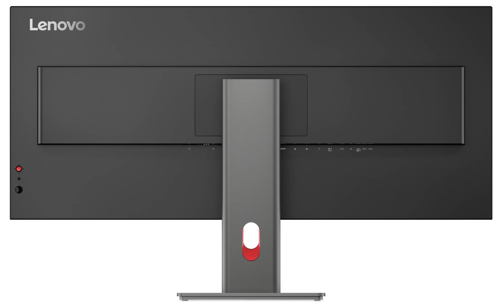 Zadní pohled na černý ultraširoký monitor Lenovo zobrazující stojan, vstupní porty a logo společnosti v levém horním rohu.