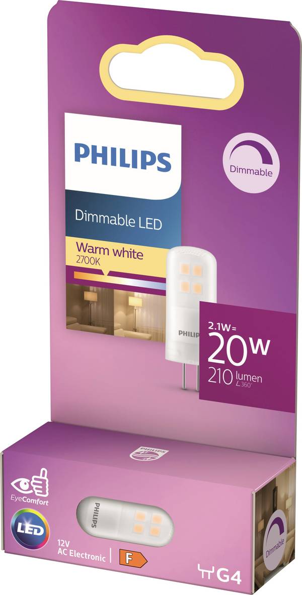 Philips 8720169300576 LED Energetická třída (EEK2021) F (A - G) G4 pinová objímka 2.1 W = 20 W teplá bílá (Ø x v) 1.5 cm x 40 mm stmívatelná 1 ks
