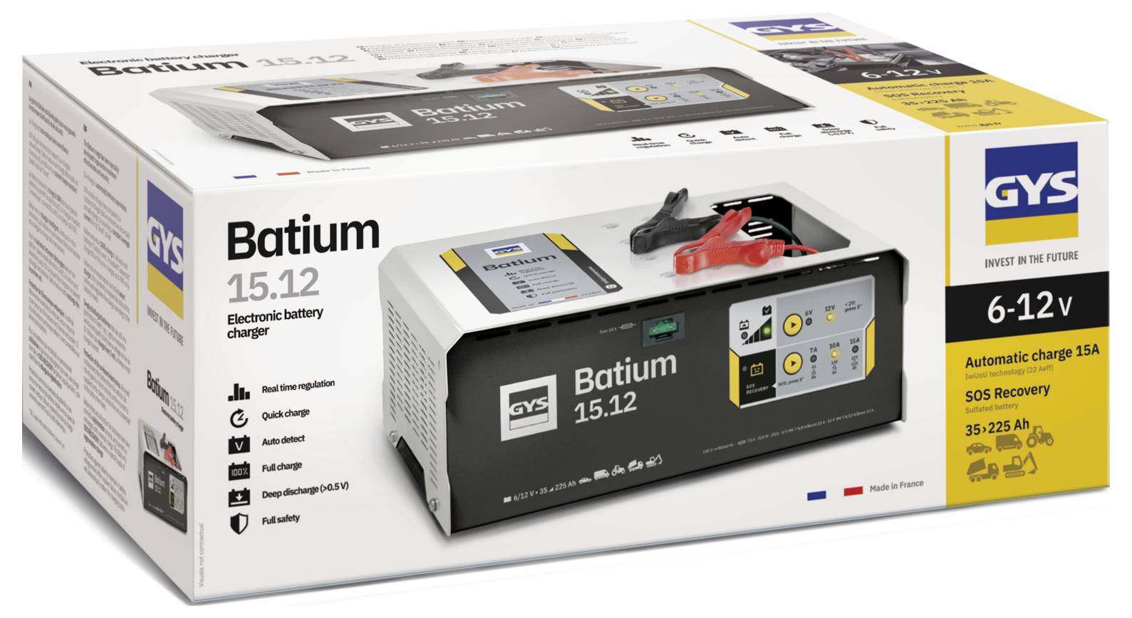 Balení nabíječky baterií zobrazující "Batium 15.12 Elektronická nabíječka baterií", hlavní vlastnosti a značku.