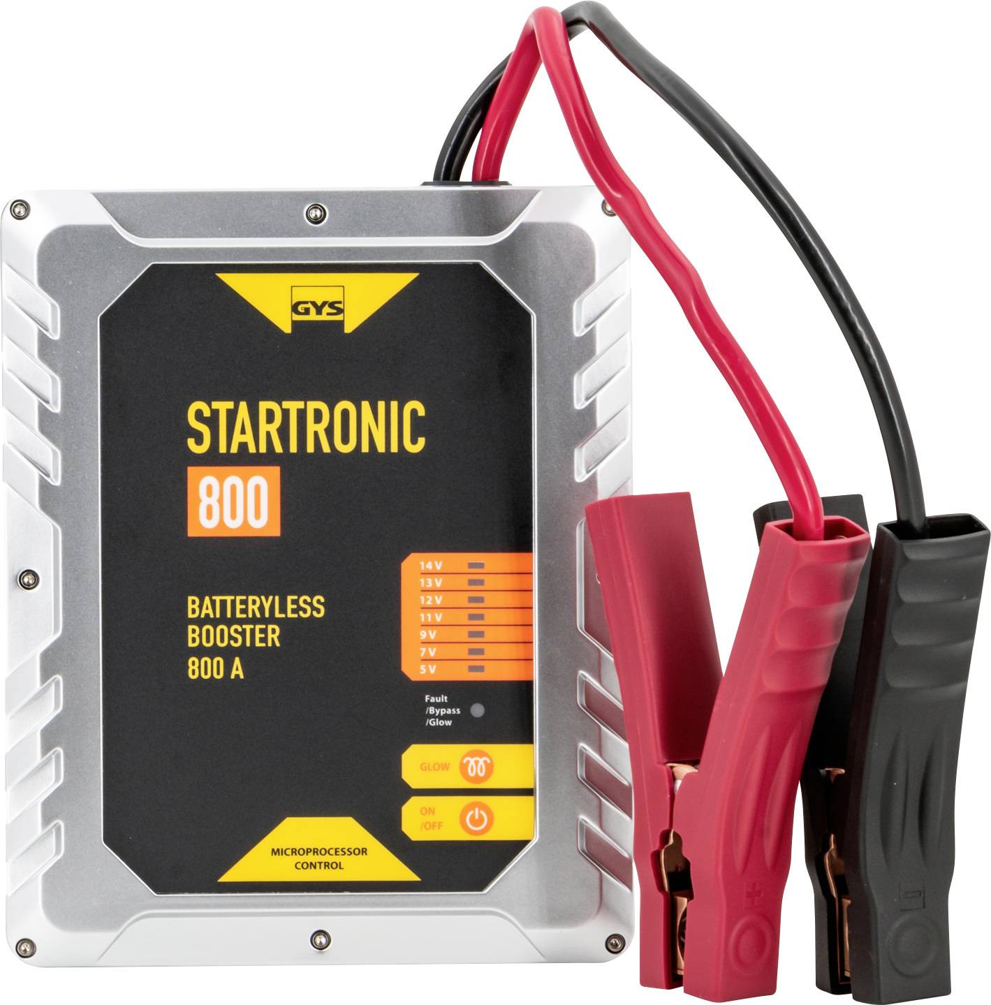 Bezákladnový autobojler se svorkami, označený 'STARTRONIC 800'. Nabízí mikroprocesorové řízení a poskytuje výkon 800A pro 12V systémy.