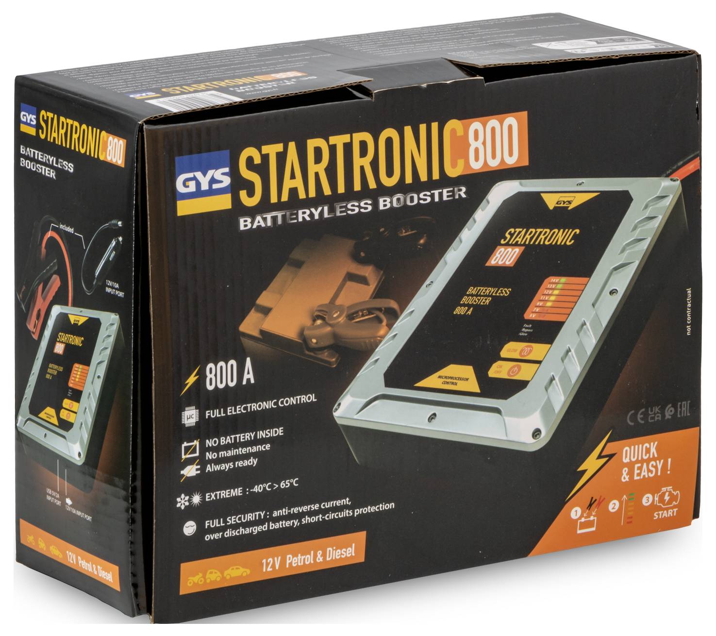 Obrázek ukazuje krabici pro "GYS STARTRONIC 800" bezstupňový startovací zesilovač. Zdůrazňuje výkon 800A, plnou elektronickou kontrolu a rychlostartovací funkce.